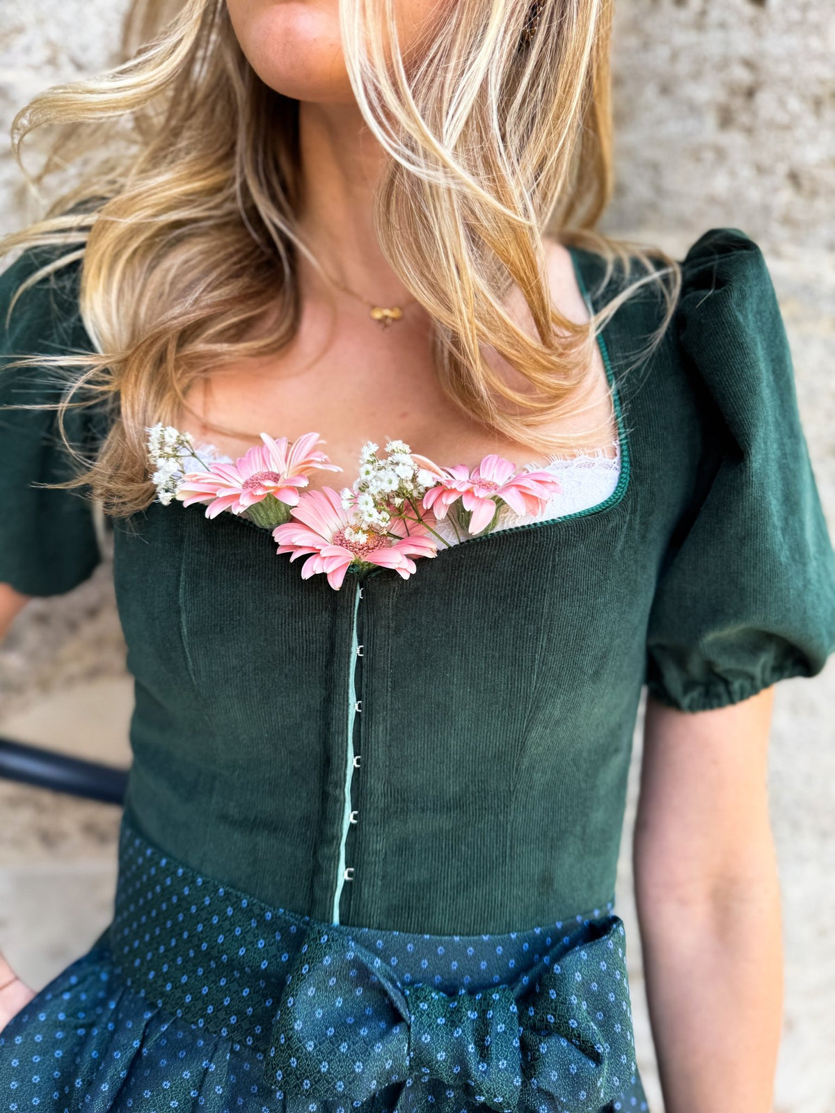 CORD DIRNDL FLARE FLOWERS TANNENGRÜN/ BLAU - JAN&INA Trachten