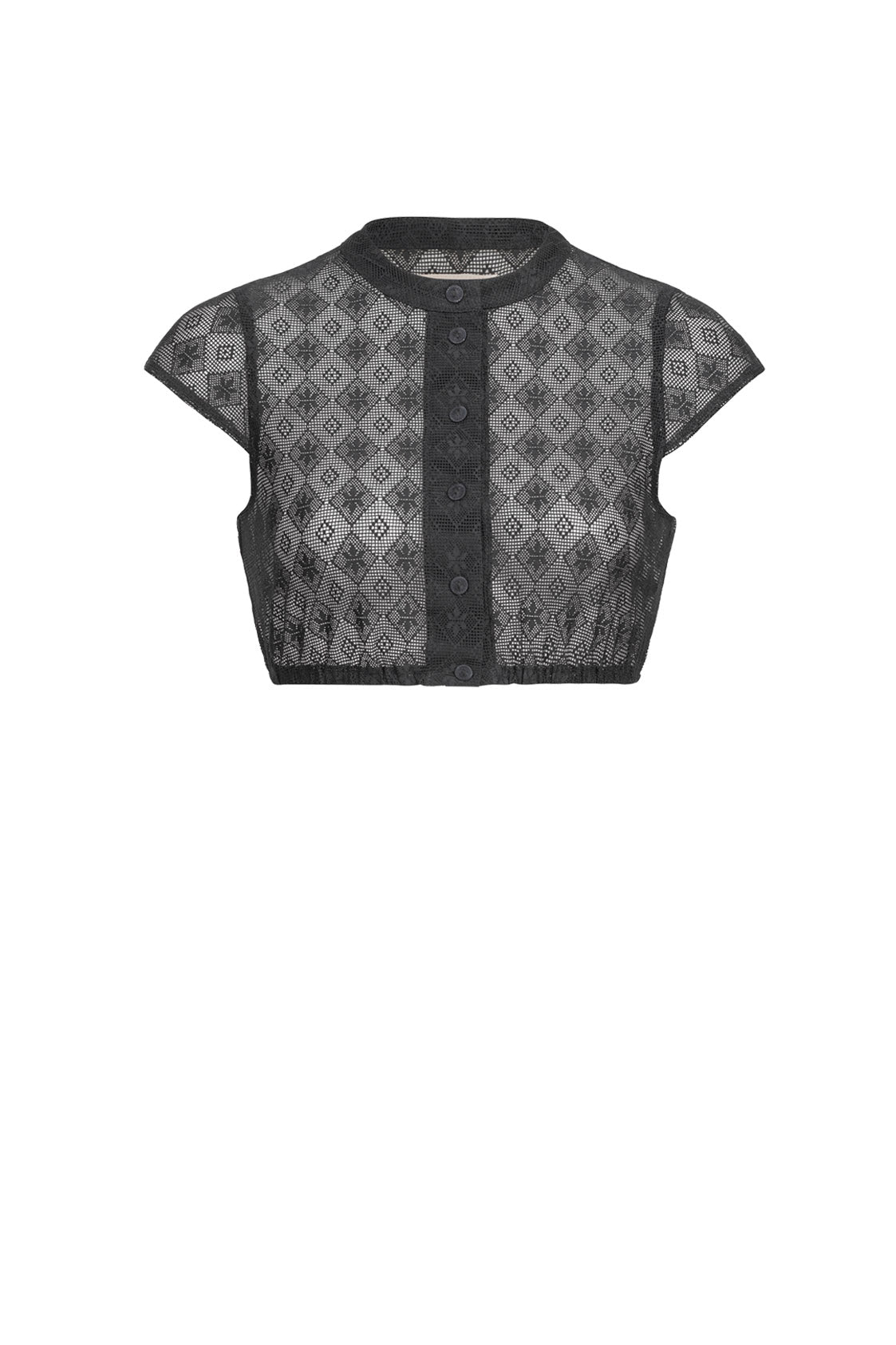 DIRNDLBLUSE VINTAGE SPITZE ORNAMENTAL STEHKRAGEN UND FLÜGELARM SCHWARZ - JAN&INA Trachten