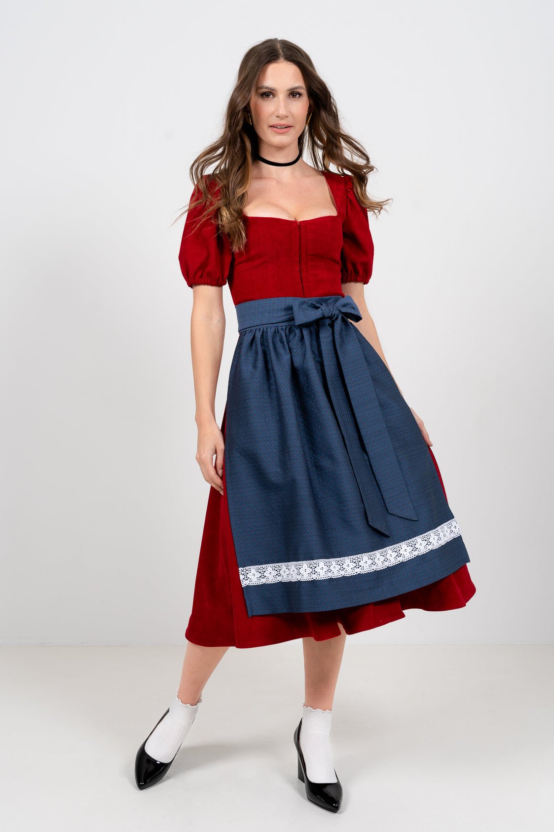 CORD DIRNDL FLARE TULIP KNALLROT/ BLAU - JAN&INA Trachten