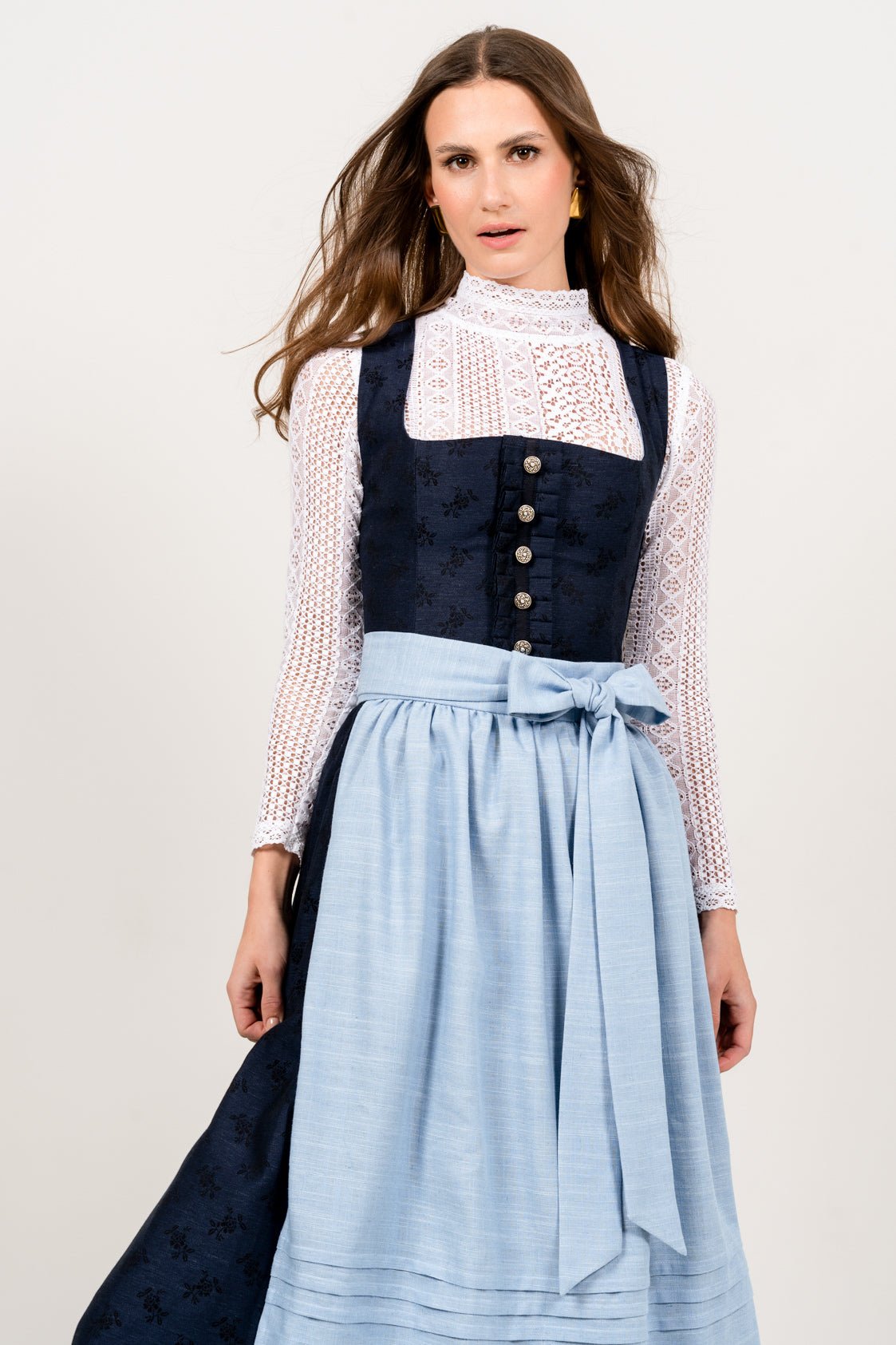 JACQUARD LEINEN DIRNDL TRADITIONAL BOUQUET NAVY/ HELLBLAU - JAN&INA Trachten