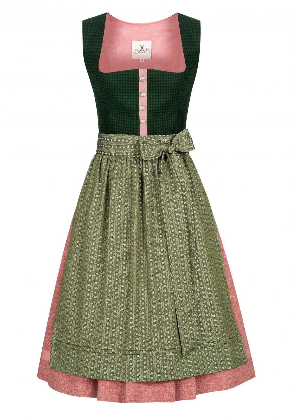 LODEN DIRNDL KARO FLOWER STRIPES FLASCHENGRÜN/ALTROSA - JAN&INA Trachten