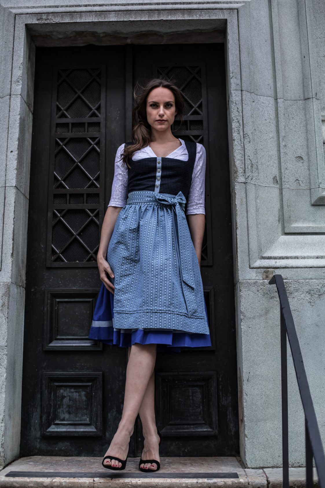 LODEN DIRNDL KARO FLOWER STRIPES DUNKELBLAU/ ENZIAN - JAN&INA Trachten