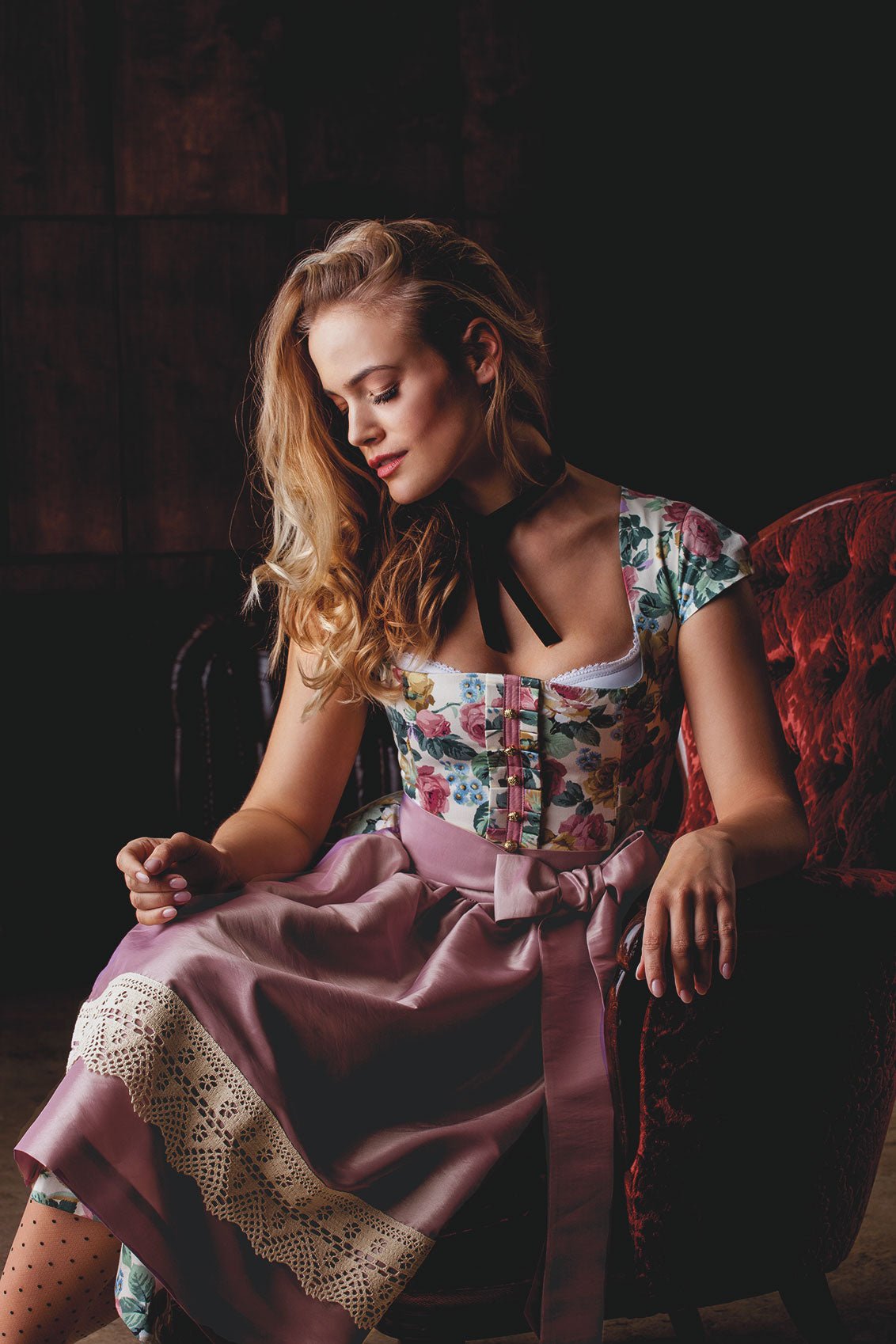 BAUMWOLL- SEIDEN DIRNDL VINTAGE ROSES ROSÈ - JAN&INA Trachten