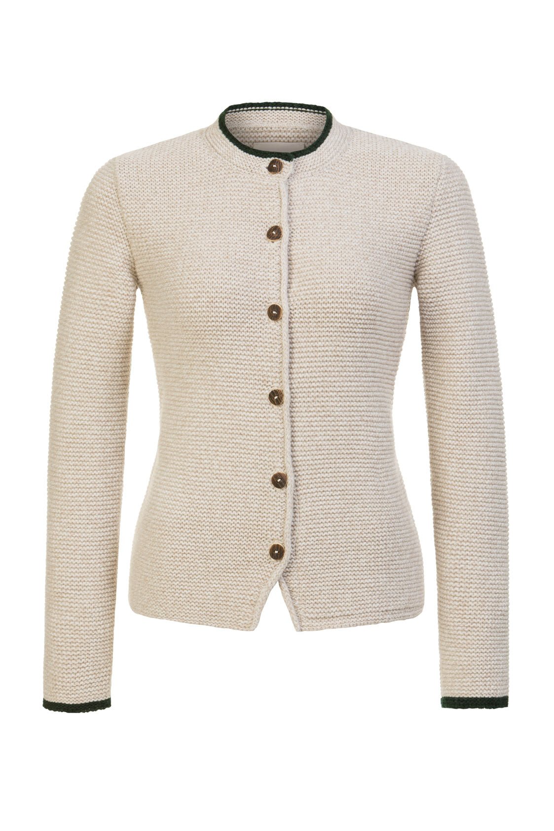 STRICKJACKE HEIDI MIT STEHKRAGEN BEIGE/TANNENGRÜN - JAN&INA Trachten