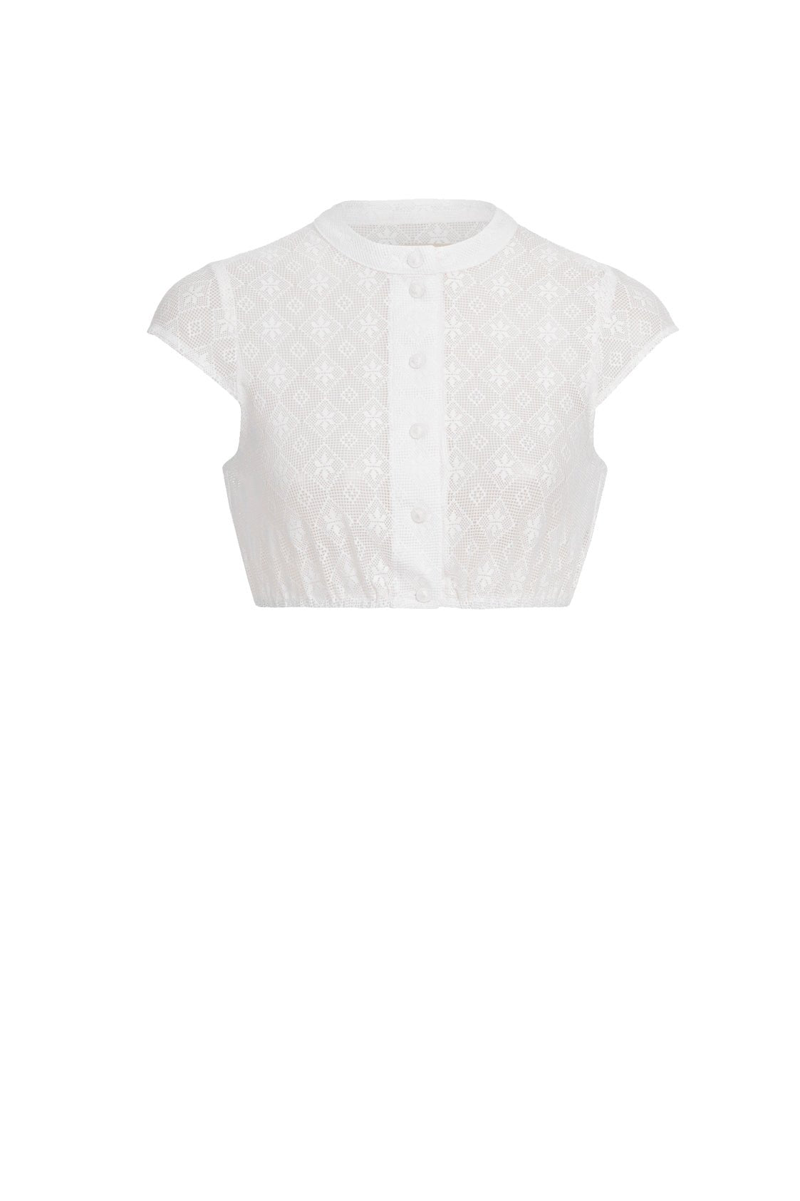 DIRNDLBLUSE VINTAGE SPITZE ORNAMENTAL STEHKRAGEN UND FLÜGELARM WEISS - JAN&INA Trachten