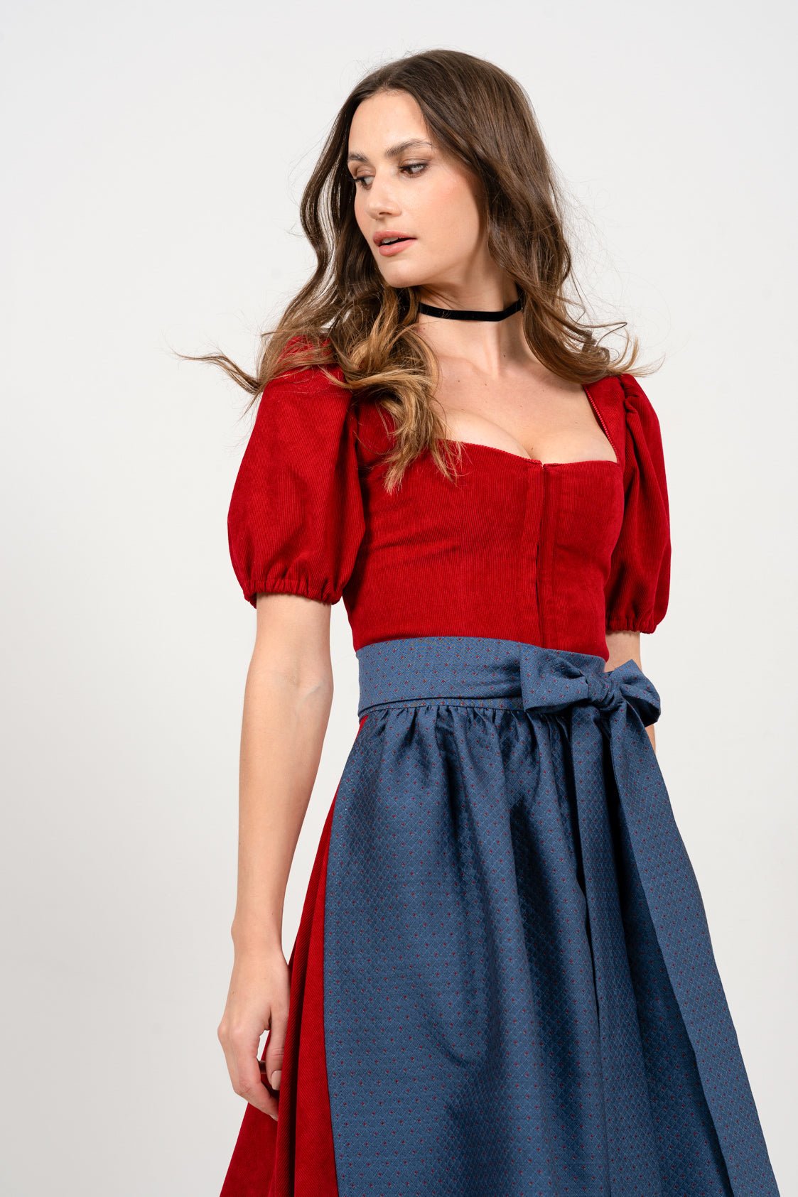 CORD DIRNDL FLARE TULIP KNALLROT/ BLAU - JAN&INA Trachten