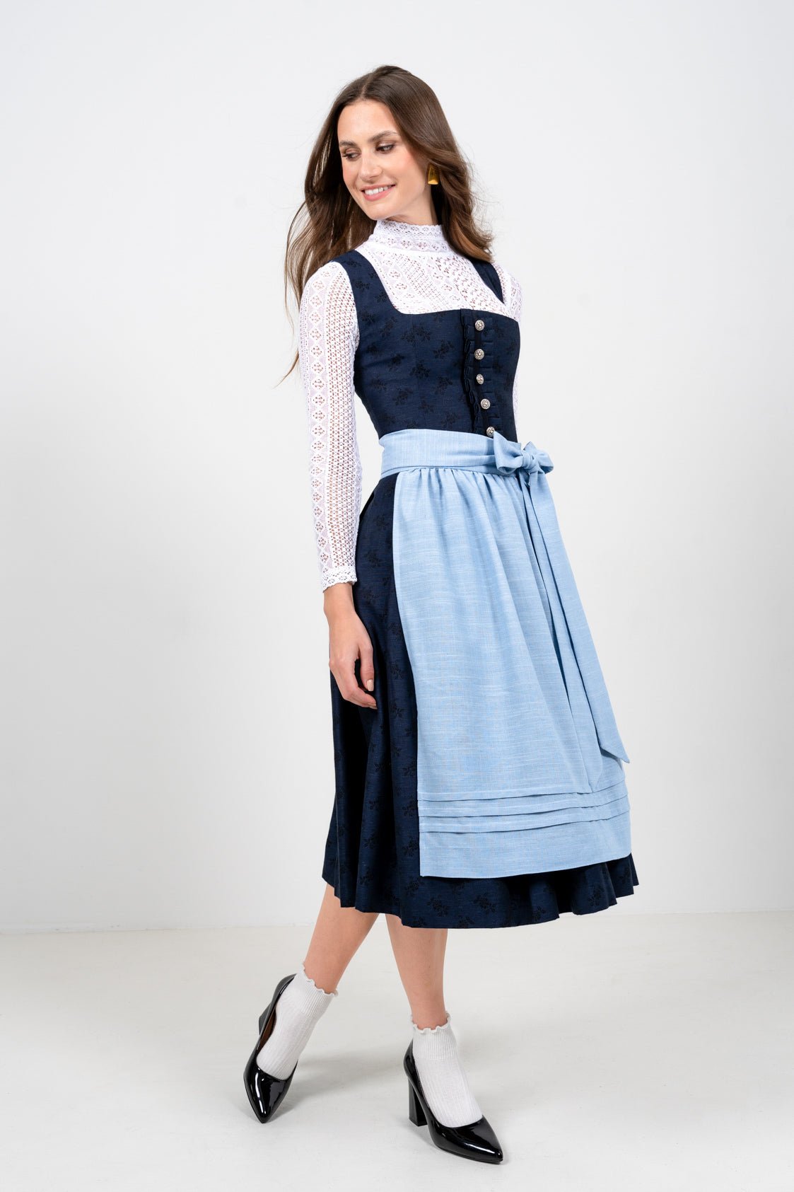 JACQUARD LEINEN DIRNDL TRADITIONAL BOUQUET NAVY/ HELLBLAU - JAN&INA Trachten