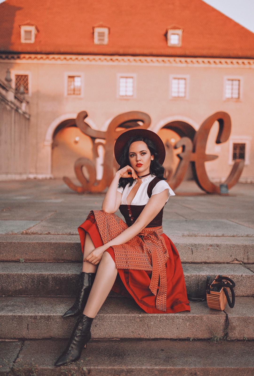 LODEN DIRNDL KARO FLOWER STRIPES CHIANTI/ ROST - JAN&INA Trachten