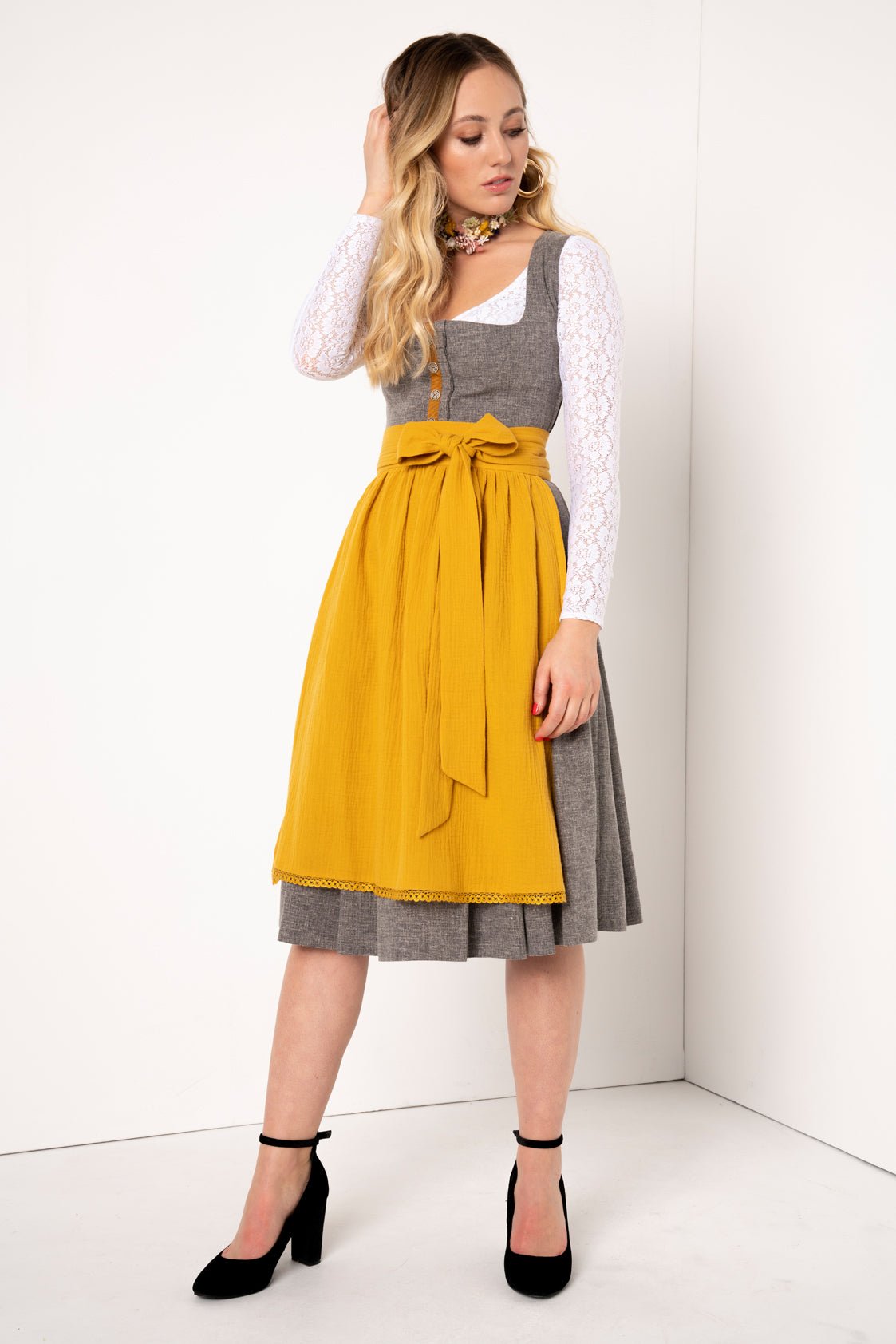 LEINEN DIRNDL TRADITIONAL GREY MELANGE/ SENF - JAN&INA Trachten