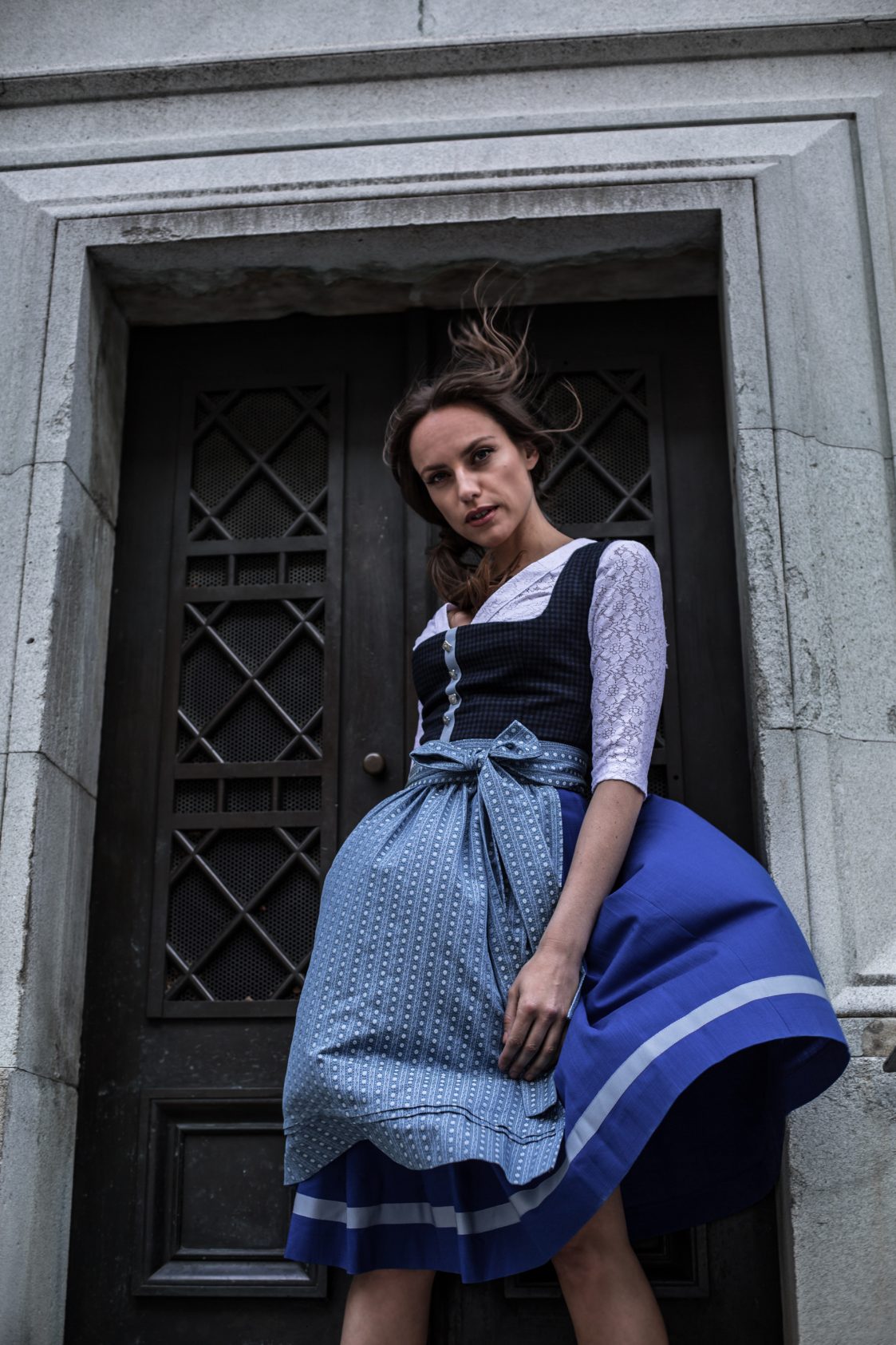 LODEN DIRNDL KARO FLOWER STRIPES DUNKELBLAU/ ENZIAN - JAN&INA Trachten