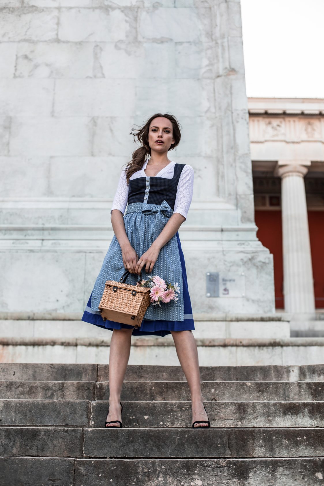 LODEN DIRNDL KARO FLOWER STRIPES DUNKELBLAU/ ENZIAN - JAN&INA Trachten
