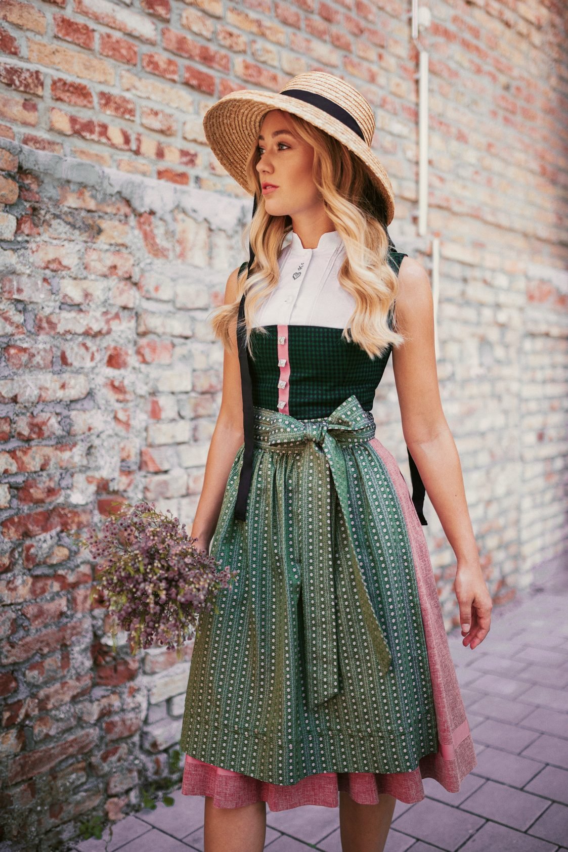 LODEN DIRNDL KARO FLOWER STRIPES FLASCHENGRÜN/ALTROSA - JAN&INA Trachten